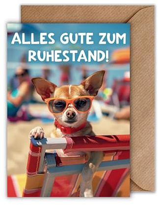 Lustige Karte zum Ruhestand – DIN A6 – „Alles Gute zum Ruhestand!“ mit Hund am Strand – witzige Abschiedskarte für Kollegen, Kolleginnen & Freundinnen – inkl. Umschlag