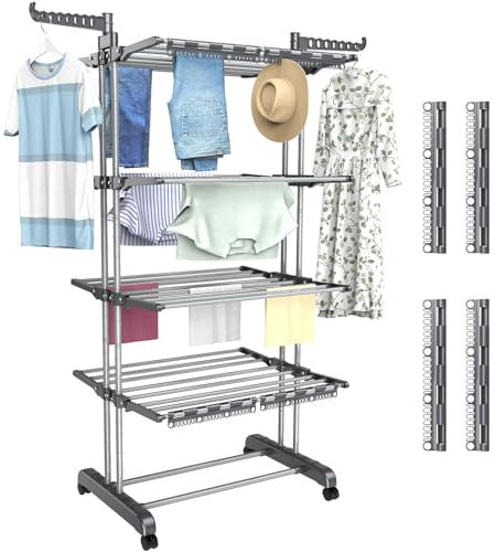 Shrivee Stendino Verticale Pieghevole 4 Livelli con Rotelle Estensibile Allungabile Salvaspazio Resistente Stendibiancheria da Balcone Esterno Giardino per Vestiti Lenzuola