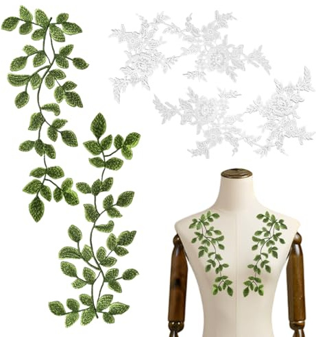 2 Paia di Pizzo Ricamato, Fiori E Foglie Verdi, Tessuto Per Cucito, Applique Decorative Per Abiti