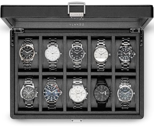 Vlando Uhrenetui mit 10 Schlitzen für Herren, Uhrenbox mit großem Glasdeckel, abschließbar, Business-Strukturleder, 52 mm großes weiches Kissen, Geschenk für Väter, Ehemann, Freund, Grau