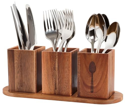 BlyeMichdi Porte Ustensiles de Cuisine, Organisateur de Cuisine en Bois avec 3 Compartiments, Support de Couverts avec Fond de Drainage pour Trier Baguettes, Cuillères et Fourchettes, 11,5x8x8 cm