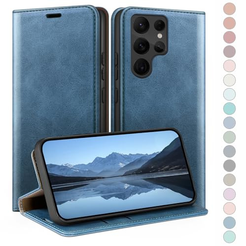 HUOUH for Samsung Galaxy S22 Ultra Wallet case with Credit Card Holder,RFID Blocking PU Leather,Flip Folio Book Cover Shockproof Phone cases Women Men for Samsung S22 Ultra Bright Blue