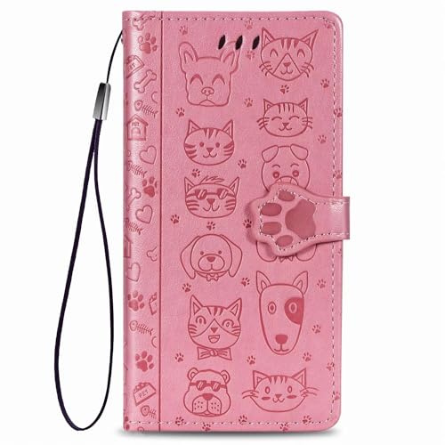 Handyhülle für TCL 505 Hülle Katze Hund Premium Leder PU Flip Case Magnetisch Kartensteckplätzen Klapphülle Wallet Lederhülle Bumper Schutzhülle für TCL 505 Tasche Rosa