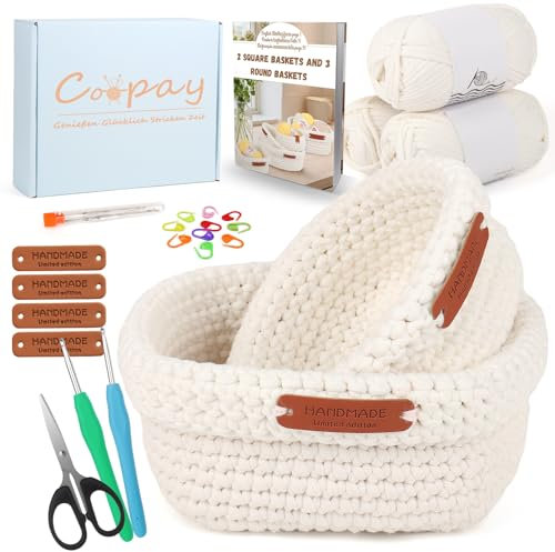 Coopay Häkelset für Anfänger, 2 Größe Square Körbe Häkel Set mit Häkelanleitung, DIY Häkelset für Körbe mit Häkelnadel, Häkelwolle, Häkel Set zum Häkeln Lernen, Anfänger Häkelset für Körbe - Weiß