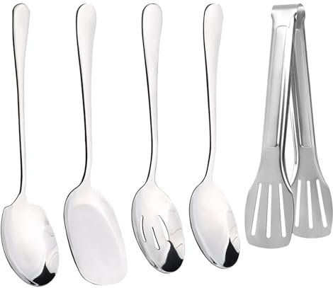 TPTGIAR 4 PCS Serving Spoon Set, Stainless Steel Serving Spoons Large, Serving Spoons Set with a 3-Wire Clip, Long Handle Table Spoons for Serving Kitchen Cooking Restaurant Banquet
