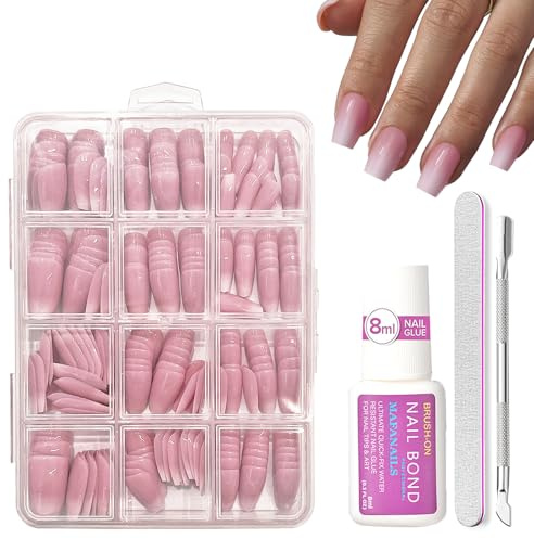 Press On Nails French Tip - 240 Pcs Natural Gradient Coffin French False Nails Kit - Medium Long Square Nude Fake Nails - Glossy Full Cover Stick On Nails For Women Nail Art Ballerina Manicure