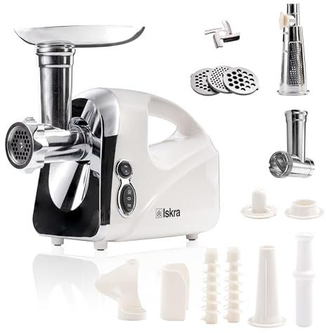 Iskra Fleischwolf elektrisch 1200W, 4-in-1 Küchenhelfer für Hack, Wurst, Säfte & mehr, 3 Edelstahl-Lochscheiben, Profi Wurstfüller & Entsafter-Aufsatz