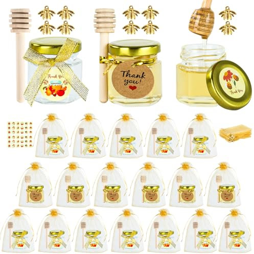 MISTGLAS Mini Honey Jars with Dipper- Small Honey Jars for Baby Shower Party Favors,Wedding Favors,30 Pcs 1.5oz Glass Jars with Lids，Stickers，Gift Bags and Bow,No Honey (Gold, 30)