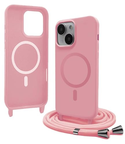 Magnetica Cover con Cordino per iPhone 13 Mini 5,4 Zoll,[Compatibile con MagSafe], Cover in Silicone, Regolabile Cordino da Collo Nylon Catena Collana Tracolla,Rosa