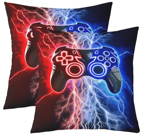 Loussiesd Gamer Reversible Throw Pillow Covers 50x50cm Gaming Pillow Covers Home Decor Modern Game Console Controller Square Cushion Covers Set of 2 Joystick Blue Red