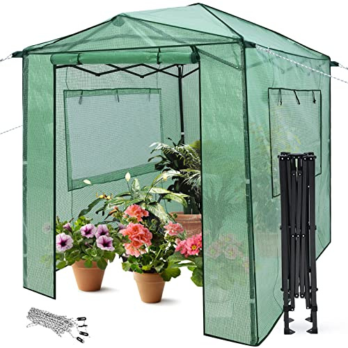 GOPLUS Gewächshaus 183 x 244 cm , Gartengewächshaus mit aufrollbaren Türen & Seitenfenstern, Treibhaus mit PE-Abdeckung für Blumen & Pflanzen