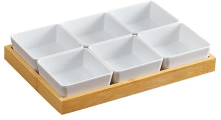Set de 6 Platitos de Aperitivo con Bandeja de Madera – Cuencos de Cerámica Blancos | Ideal para Salsas, Snacks, Tapas y Degustaciones
