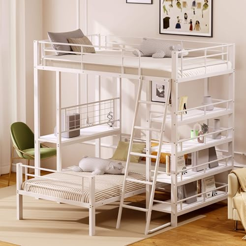 HYUB Hochbett Metallbett 90x200 cm mit Stauraum und Leiter, Etagenbett mit Ablagefächern und Lattenrost, Bettgestell mit Rausfallschutz, Weiß