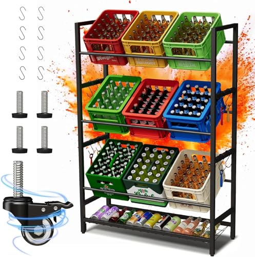 GOFEI Drinks Rack with Wheels & Hooks - Metal Shelf for 9 Drinks Crates with Extra Shelf - Ideal for Basement, Kitchen or Utility Room