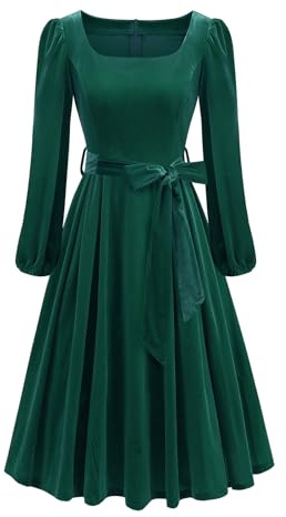 Odizli Velvet Dresses for Women UK Ladies Elegant 1950s Vintage Fall Winter Long Sleeve Christmas Party Xmas Formal Evening Occasion Graduation Wedding Guest Midi Long Cocktail Dress Green M