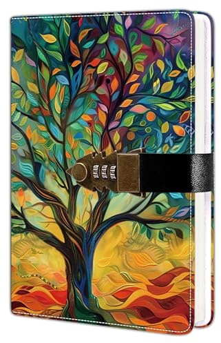 HwxBen A5 Notebook with Combination Lock - Diary for Adults and Teenagers, 244 Lined Pages, PU Leather, Lockable, for Thought, Travel, Daily Life, Gift for Women & Men