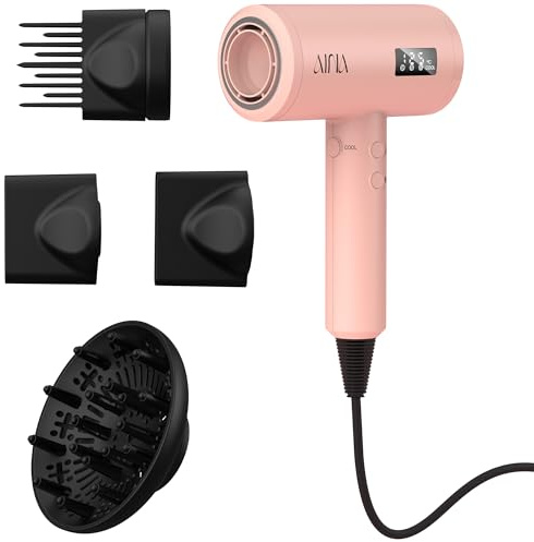 AINA Pro Salon hårtork (New tech), 2200 W hårtork med diffusorkam för kvinnor | BLDC hårtork | borstlös motor 150 000 varv/min | Ionic | LED-display | 4 magnetiska tillbehör 230 V/BS (babyrosa)
