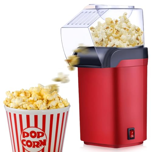 Heißluft Popcornmaschine 1200W, Popcorn Maker ohne Öl Fettfrei BPA frei Schnell in 3 Minuten One Touch Bedienung Kompakter Popcornautomat Retro Design für Zuhause Heimkino Weihnachten Party