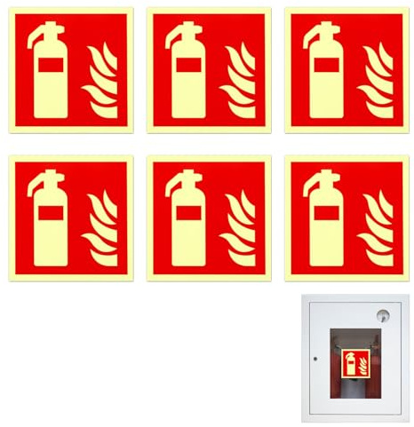 6 carteles extintor de incendios, 15 x 15 cm, PVC, luminoso, autoadhesivo, protección contra incendios, extintor, pegatinas de seguridad, señales de seguridad contra incendios, según ISO para casa