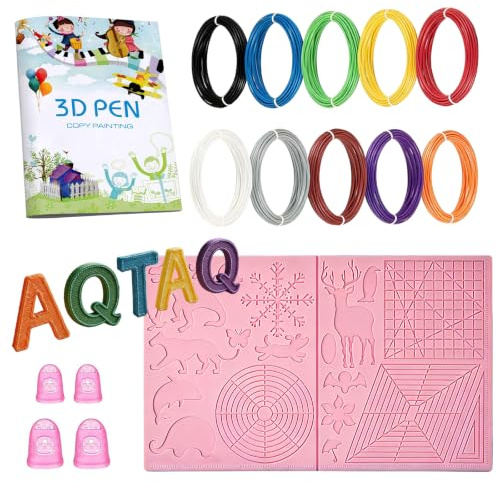 AQTAQ 3D stift Vorlage | 3D-Druckstift PLA-Seide | Silikonpad-Vorlage | 3D-Stiftmatte | Fingerschutz, 10 Farben, 1,75 mm, insgesamt 50 m, großes Silikonpad, 3D-Zeichenvorlagen, für 3D-Druckstift-Rosa