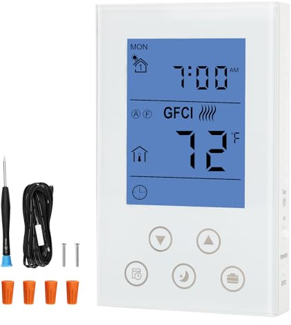 7-Day Programmable Thermostat for House Radiant Underfloor Heating,Home Floor Heating Controller,Adaptive AC Voltage(120/240V),Dual Sensing(Air&Floor Sensor) Built-in Class A GFCI,LED Backlit Display