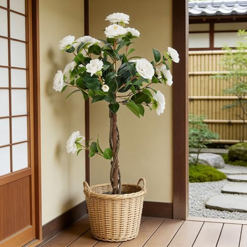 Panana 3FT Artificial Plants,Fake 90cm Tall Artificial Plant Indoor Outdoor with Lifelike Flowers,Faux Rose Tree with Pot for Home Office Indoor Decor (Rose Tree / 1 Pack)