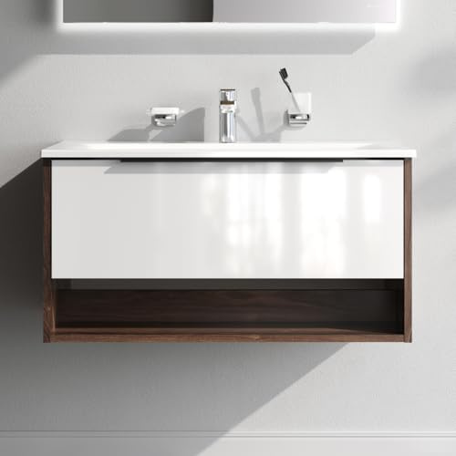 AM.PM – Meuble sdb avec Vasque à Suspendre 80 cm, Meuble Vasque avec 1 tiroir et Niche Ouverte, Ensemble Meuble Vasque Salle de Bain pour Salle de Bain et WC d’invités, Blanc Brillant