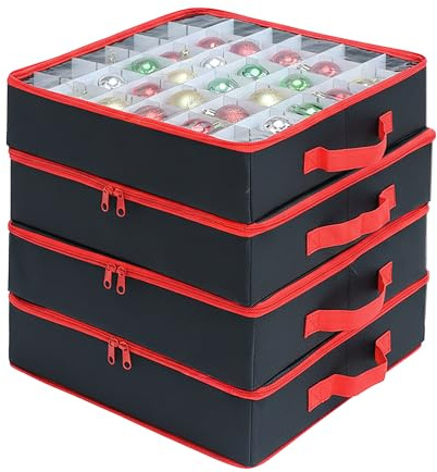 Relaxdays Weihnachtskugel Aufbewahrungsbox, 4er Set, je 16 Kugeln, HxBxT: 9 x 33 x 33 cm, Polyester, Pappe, schwarz/rot | je 16 Kugeln, HxBxT: 9 x 33 x 33 cm, Polyester, Pappe