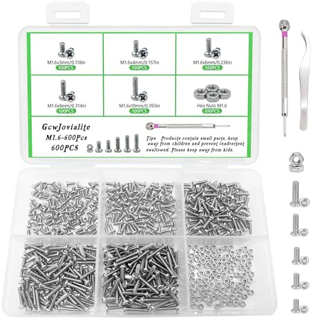 GcwJovialite 600 Stück M1.6 x 3/4/6/8/10 mm Kleine Schrauben Set, Mini Schrauben Muttern Set, Vernickelt Mikro Maschinenschrauben mit Muttern Kreuzschlitzschrauben Für Elektronik Uhrmacher Brillen