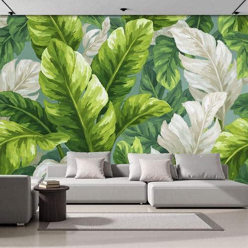 Panorama Carta Da Parati Murale 200x140cm, Parati Murali Fotografica Piante Tropicali, Murales Foglie Di Banano Bianco,Verde Poster Con Effetto 3D Decorazione Soggiorno Camera