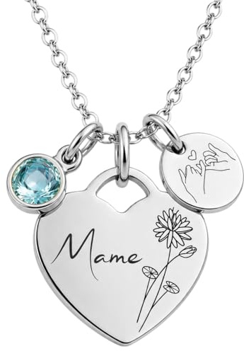 BS Schmuckdesign Personalisierte Kette Damen mit Gravur – Herzkette | mit Namen & Monatsblume, individuelle Wunschgravur hinten, persönliches Geschenk für Frauen