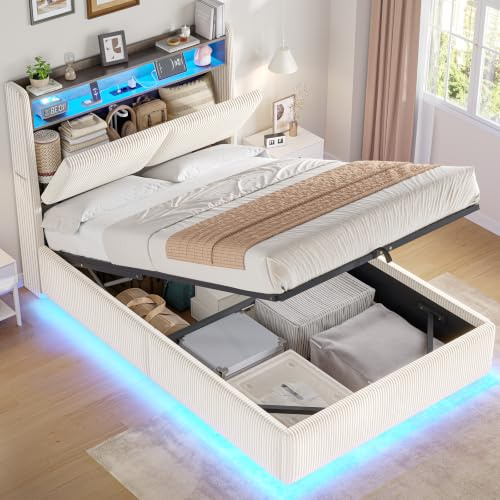 AOGLLATI Bett 90x200 mit Hydraulisches Stauraum Jugendbett 90x200 mit LED-Beleuchtung und Ladestation, Polsterbett Einzelbett Kinderbett mit Stauraum Kopfteil,Ohne Matratze (Beige, 90x200cm)