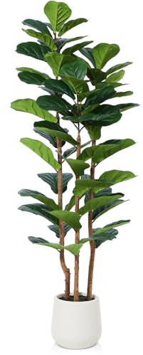 Kazeila Künstliche Geigenfeige 150cm, Ficus Lyrata mit weißem Topf | 3 Naturholzstämme, große Blätter, weißes Pflanzgefäß, pflegeleicht, für Wohnzimmer Büro Indoor, nicht sonnenfest