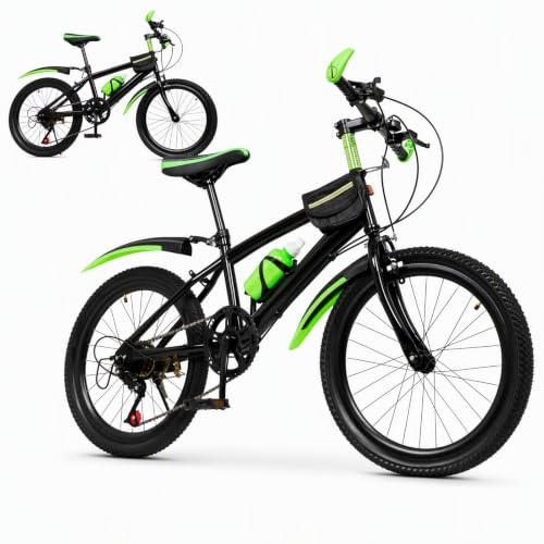 QWMEIYOU 20 Inch Kids Mountain Bike 7 Speed Carbon Steel Frame Bicycle with Dual Brake System, Adjustable Seat Equipped with Water Bottle Storage Bag for Boys Girls Height 1.3-1.5m Outdoor Riding