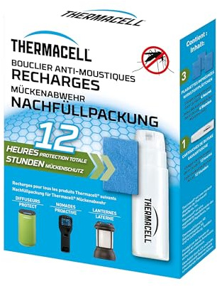 THERMACELL Recharge Anti Moustiques et Moustiques Tigres - Protection Efficace 20m²- Compatible avec Diffuseurs, Nomades et Lanternes - Durée 12h - 1 Cartouche Gaz + 3 plaquettes