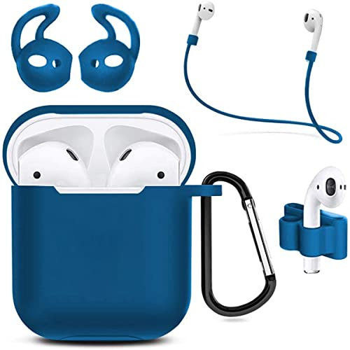 MMOBIEL Silikon Schutzhülle Case kompatibel mit AirPods 1/2 Cover Stoßfest Staubdicht 6in1 Set mit Karabiner Band (Blau)