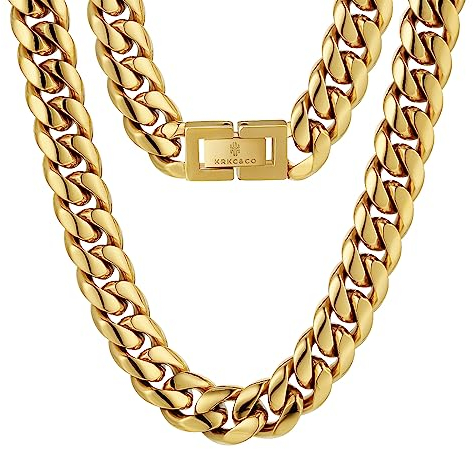 KRKC&CO 12mm Panzerkette 18K Gold Plattiert Cuban Link Chain Edelstahl Herren Miami Kubanische Gliederkette Hip Hop Halskette für Männer Jungen Größe 51cm