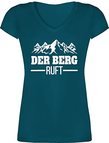 T-Shirt Damen V Ausschnitt - Skiurlaub Apres Ski - Der Berg Ruft - S - Türkis - Skifahrer t Shirt skishirts skioutfit ruf Coole-Fun-t-Shirts skishirt après-ski-Party-Outfit apre Berge Tshirt