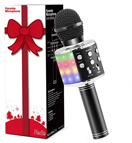 Fede Microfono Karaoke Bluetooth Wireless per Bambini, Karaoke Portatile con Luci LED Multicolore per Cantare, Funzione Eco, Compatibile con Android/iOS, PC o smartphone