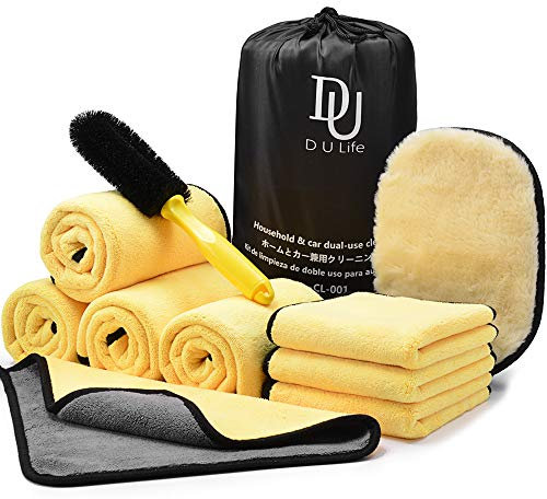 DU Life Kit de Lavage Auto (10 pièces) - Set de Nettoyage Complet avec 8 Serviettes Microfibre (600g/m²), Gant, Brosse à Jantes & Sac de Rangement, sans Peluche ni Rayure pour véhicule