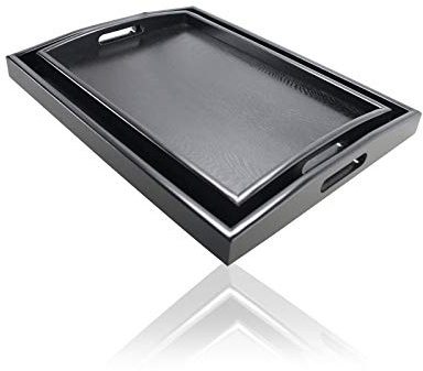 YuuHeeER Grand plateau de service rectangulaire en bois noir avec poignées