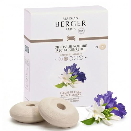 Maison Berger - Set di 2 capsule in ceramica per deodorante auto ricaricabile, diffusore con clip, 4/6 settimane, fragranza e profumo Maison Berger, fiori di muschio, made in France