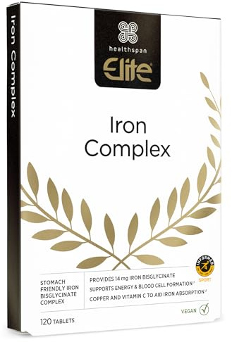Healthspan Elite Iron Complex 14mg (120 Tablets) | for Healthy Blood, Energy & Immunity | Stomach Friendly Iron | with Vitamin C to Aid Iron Absorption | Informed Sport Accredited | Vegan