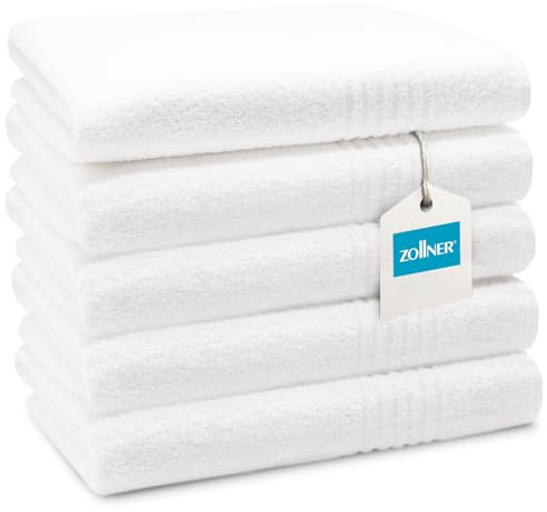 ZOLLNER 5er Set Duschtücher in 70x140 cm - saugstarke Handtücher in weiß - mit praktischem Aufhänger - mit edler Streifenbordüre - waschbar bis 95°C - Baumwolle - Hotelqualität