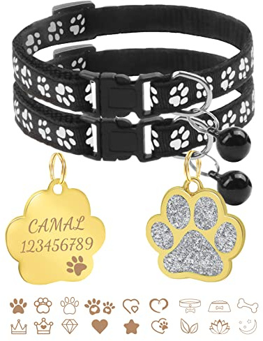 CAMAL 2 Stück Katzenhalsband + 2 Stück Hundemarke mit Gravur, Katzenhalsband mit Namen, Verstellbare HalsbäNder für Katzen und Welpen 19-32 cm (Schwarz)
