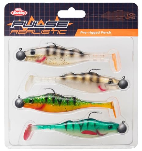Berkley Pulse Realistic Perch förmonterat gummibete med jigghuvud – ultrarealistisk form och åtgärd för rovfiskar – gädda, gös, abborre, 11 cm | 4 st