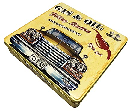 MediMuc Retrodose Gas & Oil - Vorratsdose, Keksdose, Blechdose im Retro-Look mit vielen Details - lebensmittelecht - Vol. 1,9l - Maße: (L x B x H): 23,0 x 21,5 x 2,2cm