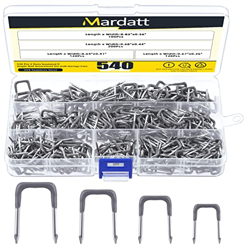 Mardatt Isoliertes U-Heftklammern-Set mit Aufbewahrungskoffer, 1,4 cm, 1,1 cm, 1 cm, 0,9 cm, Metallkabelklammern zur Befestigung von elektrischen Leitungen, 540 Stück