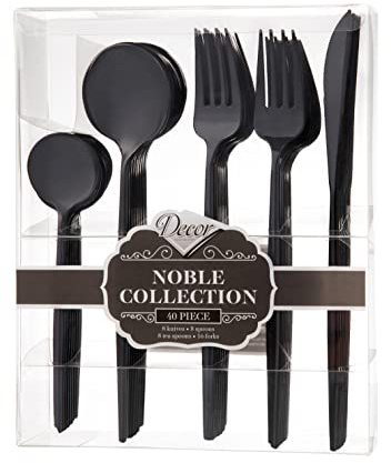 Decor Decorline - Ensemble de couverts réutilisables en plastique robuste - 40 pièces - Chacun avec 16 fourchettes, 8 couteaux, 8 cuillères et 8 cuillères à dessert - Noble Collection - Noir