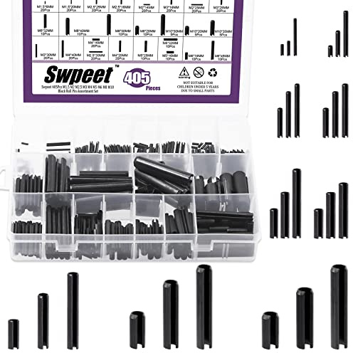 Swpeet 405 pezzi 27 misure M1.5 M2 M2.5 M3 M4 M5 M6 M8 M10 nero Metrico Roll Pin Assortimento Set con custodia di stoccaggio, Molla scanalata Pin Tensione Pin Roll Pin per riparazione automobilistica